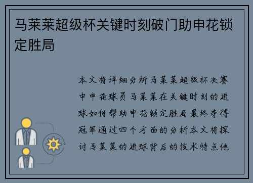 马莱莱超级杯关键时刻破门助申花锁定胜局 马莱莱超级杯关键时刻破门助申花锁定胜局
